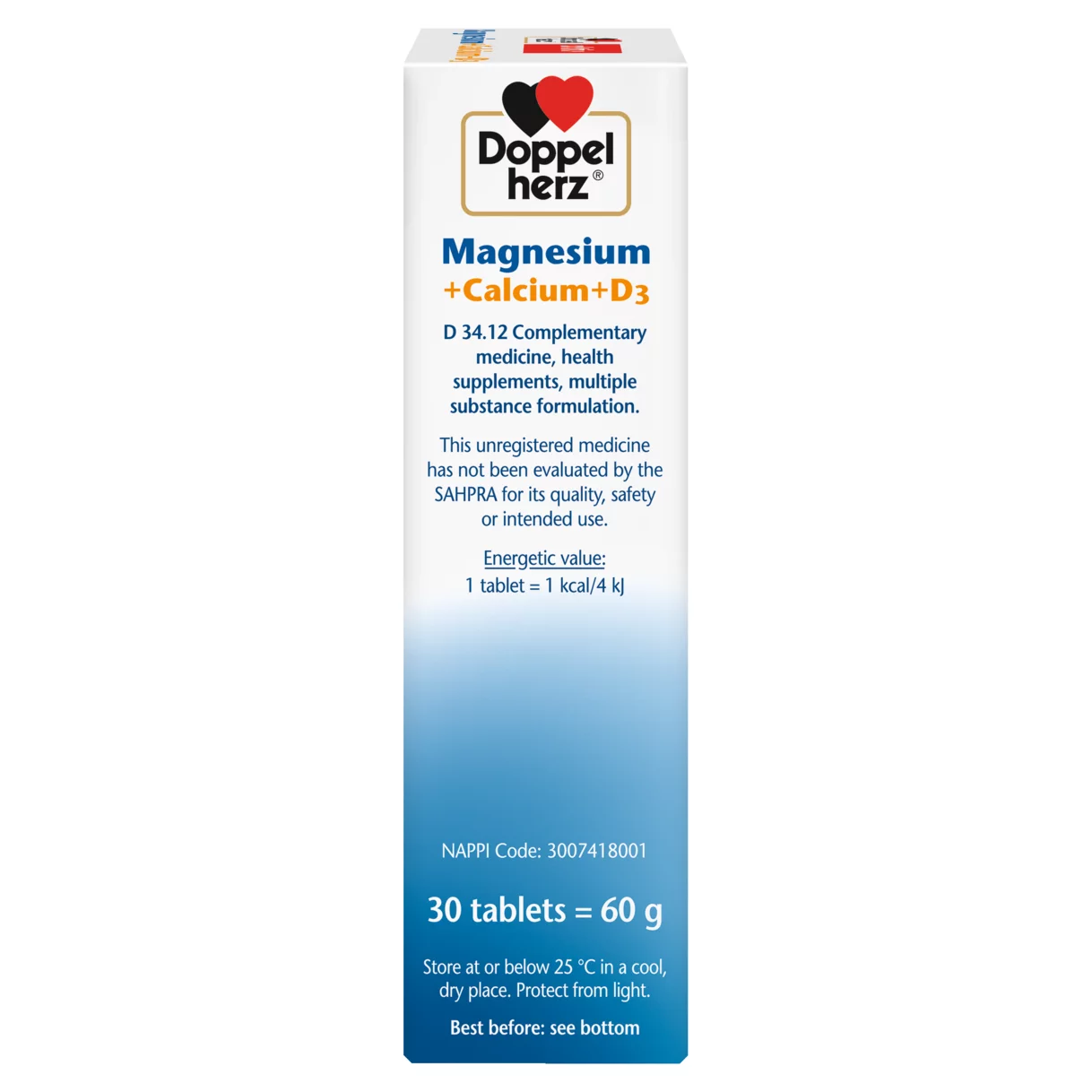 Illustration of the product packaging Doppelherz aktiv Magnesium+Calcium+D3 side view right